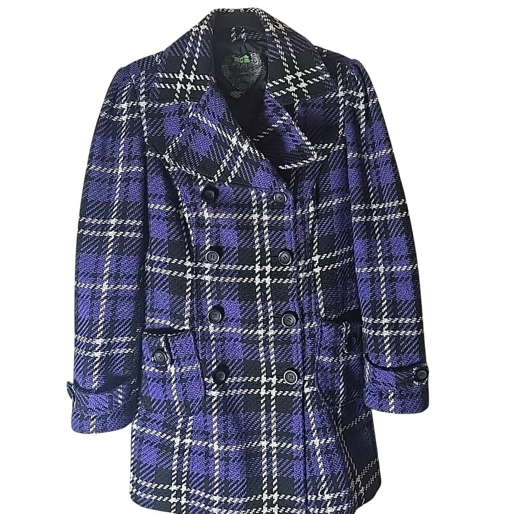 Jack BB Dakota Purple Plaid Pea Coat Button Front Double Breasted Womens Medium